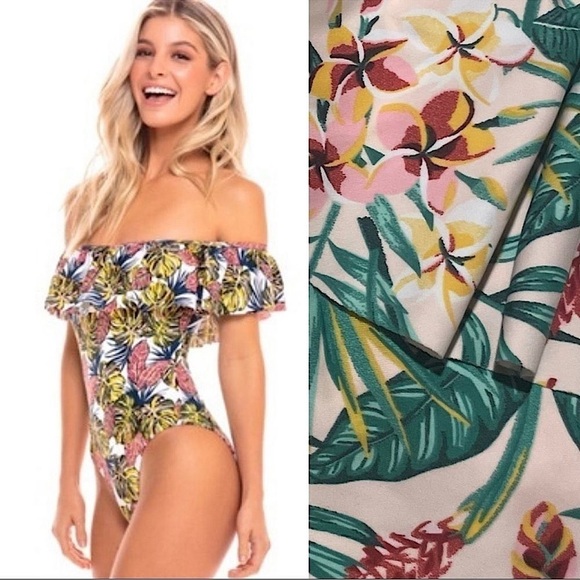 CABANA DEL SOL One Piece Off Shoulder Swimsuit Tropical  WOMENS SMALL - Picture 1 of 6